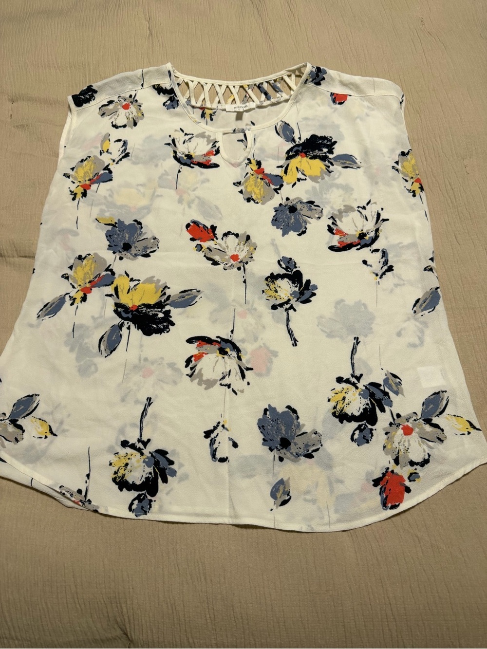 Maurices White Floral Sleeveless Top with Lattice Neckline
